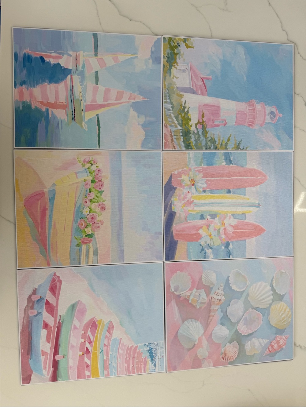 Coastal Pastel Art Print Set - Pink & Blue Beach Scenes